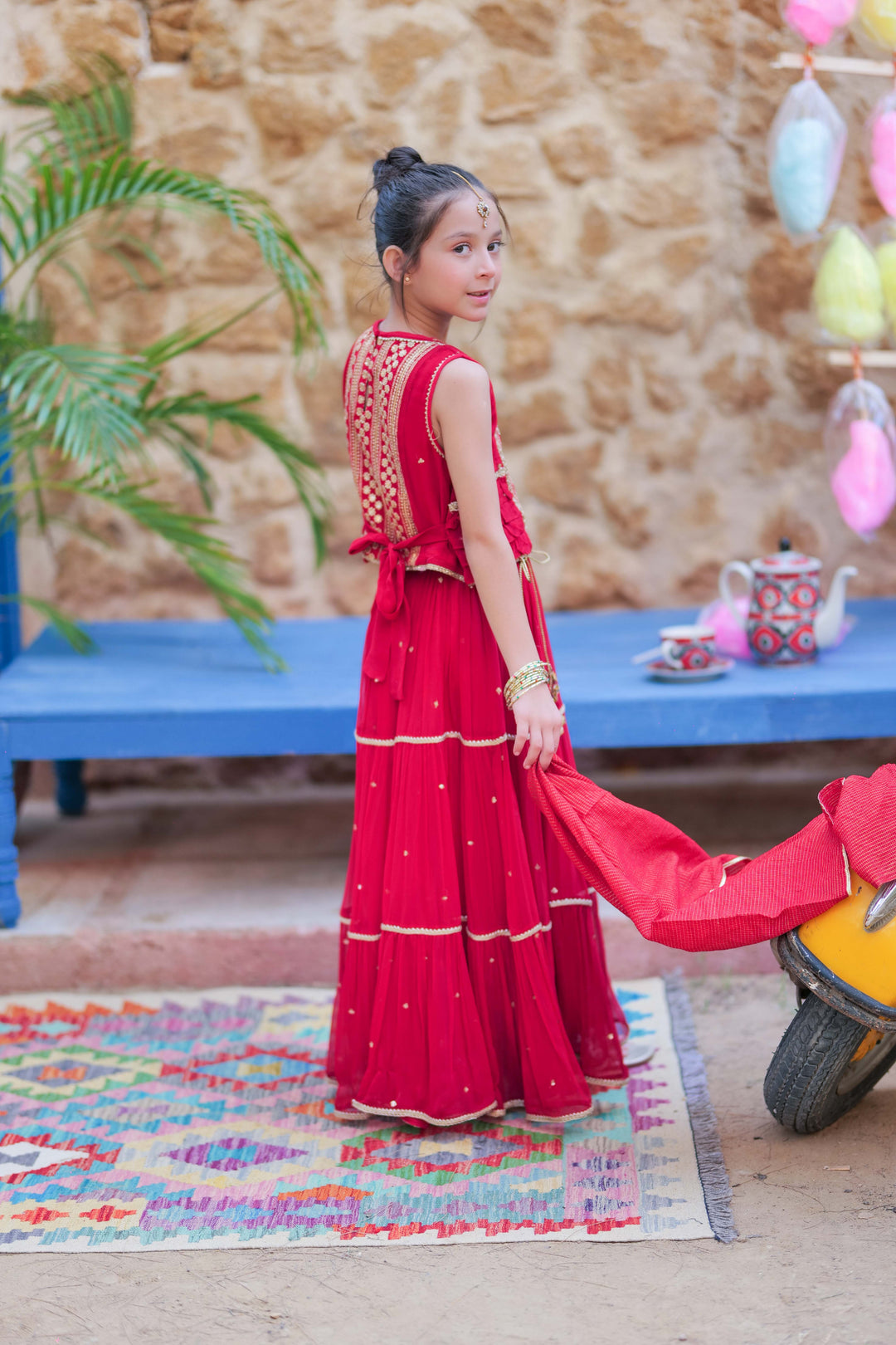 Senorita Kids RTW Red and Gold Formal 3 Piece Suit Crinkle Chiffon Fancy  KDD-02755 - Summer Collection