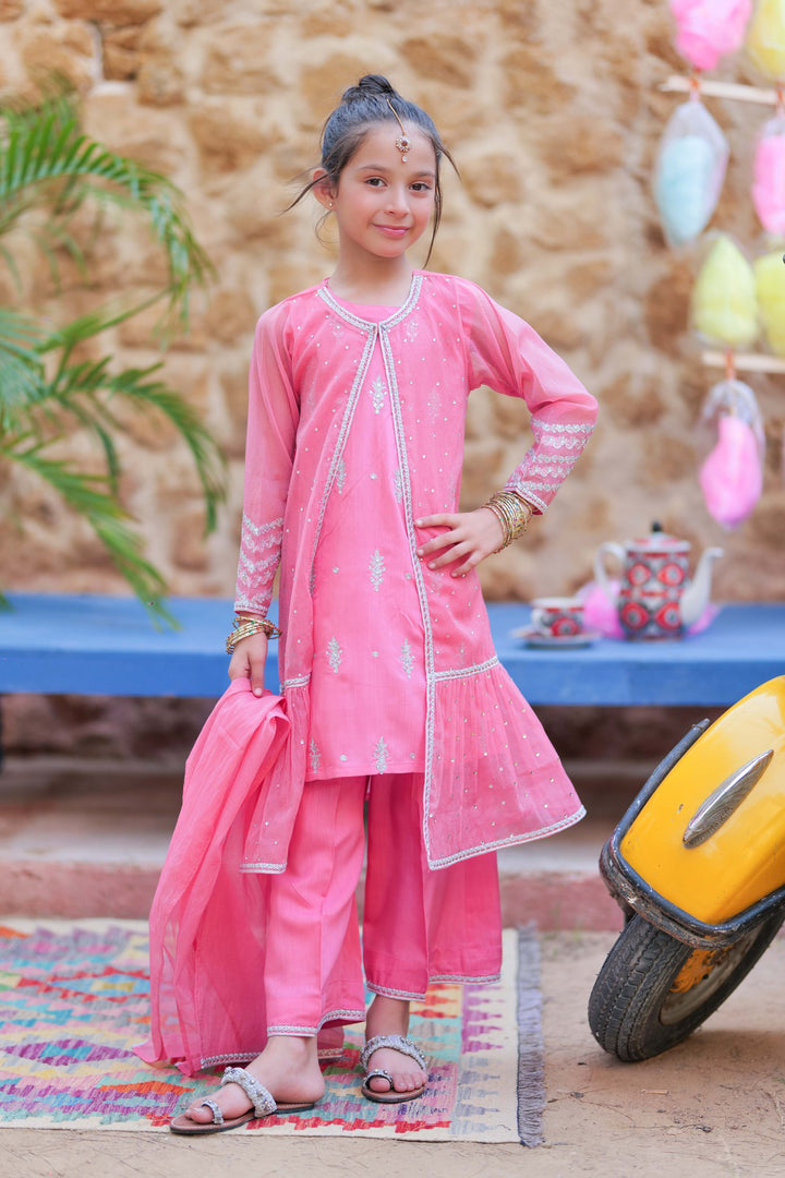 Senorita Kids RTW T.Pink and Gold Formal 3 Piece Suit Bori Net Fancy  KDD-02766 - Winter Collection