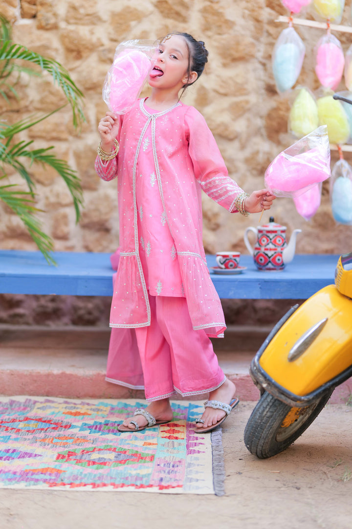 Senorita Kids RTW T.Pink and Gold Formal 3 Piece Suit Bori Net Fancy  KDD-02766 - Winter Collection