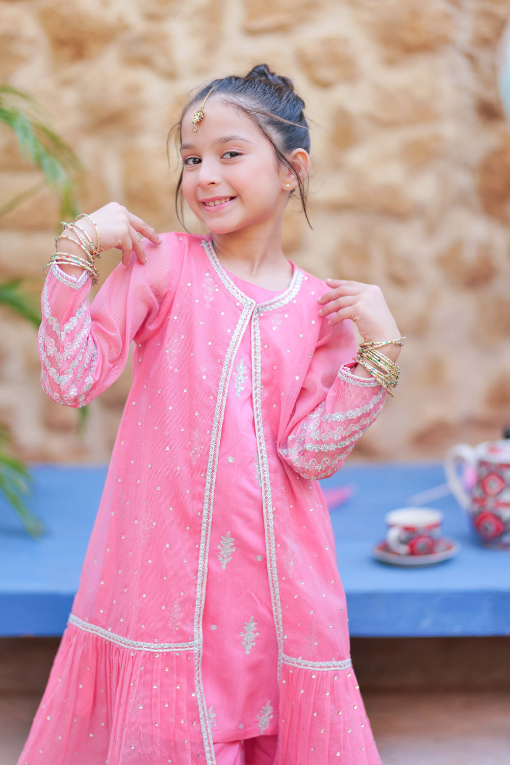 Senorita Kids RTW T.Pink and Gold Formal 3 Piece Suit Bori Net Fancy  KDD-02766 - Winter Collection
