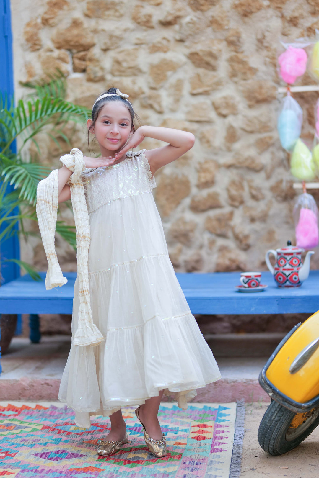 Senorita Kids RTW Cream and Gold Formal 3 Piece Suit Bori Net Fancy  KDD-02760 - Winter Collection