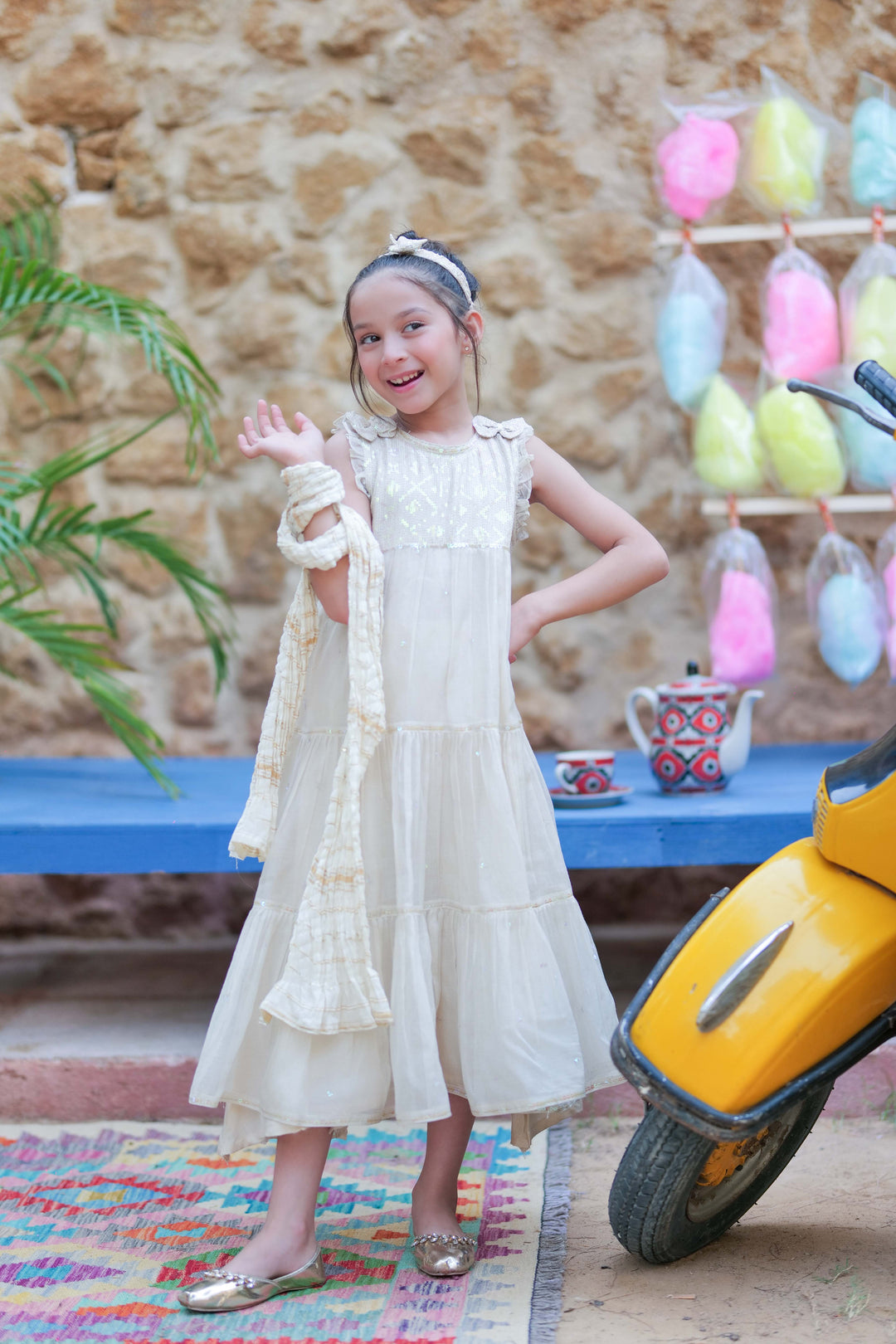 Senorita Kids RTW Cream and Gold Formal 3 Piece Suit Bori Net Fancy  KDD-02760 - Winter Collection