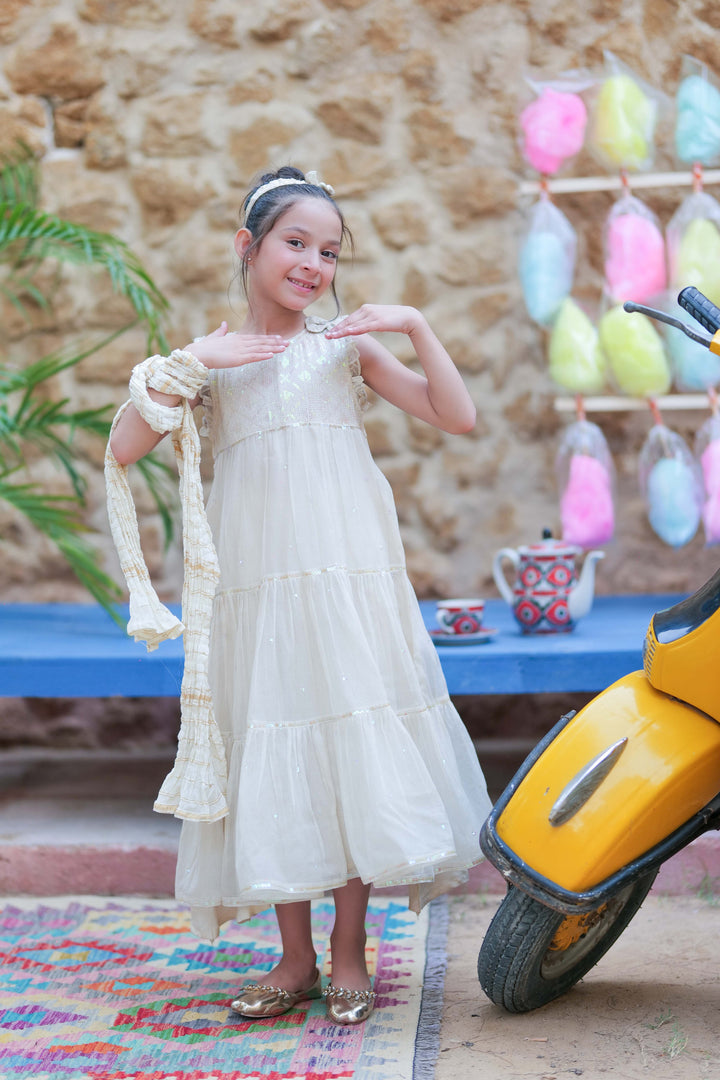Senorita Kids RTW Cream and Gold Formal 3 Piece Suit Bori Net Fancy  KDD-02760 - Winter Collection