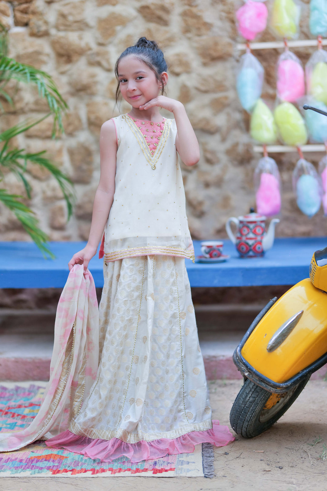 Senorita Kids RTW Fawn and Gold Formal 3 Piece Suit Crinkle Shafoon Fancy  KDD-02757 - Summer Collection