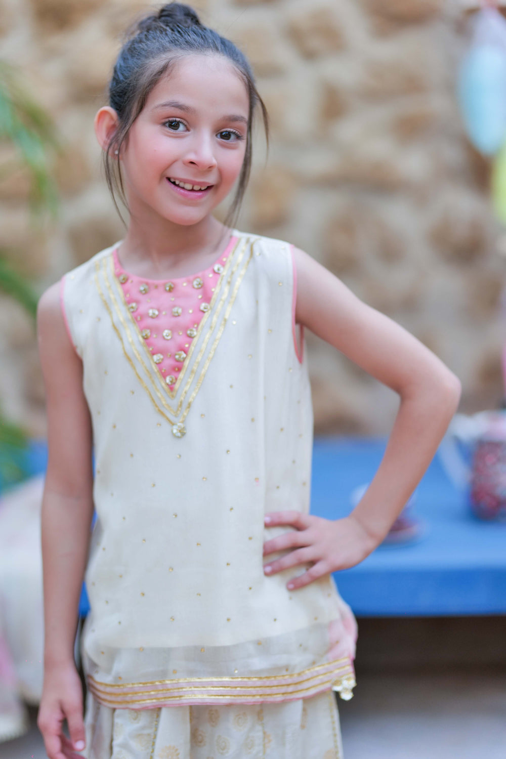 Senorita Kids RTW Fawn and Gold Formal 3 Piece Suit Crinkle Shafoon Fancy  KDD-02757 - Summer Collection