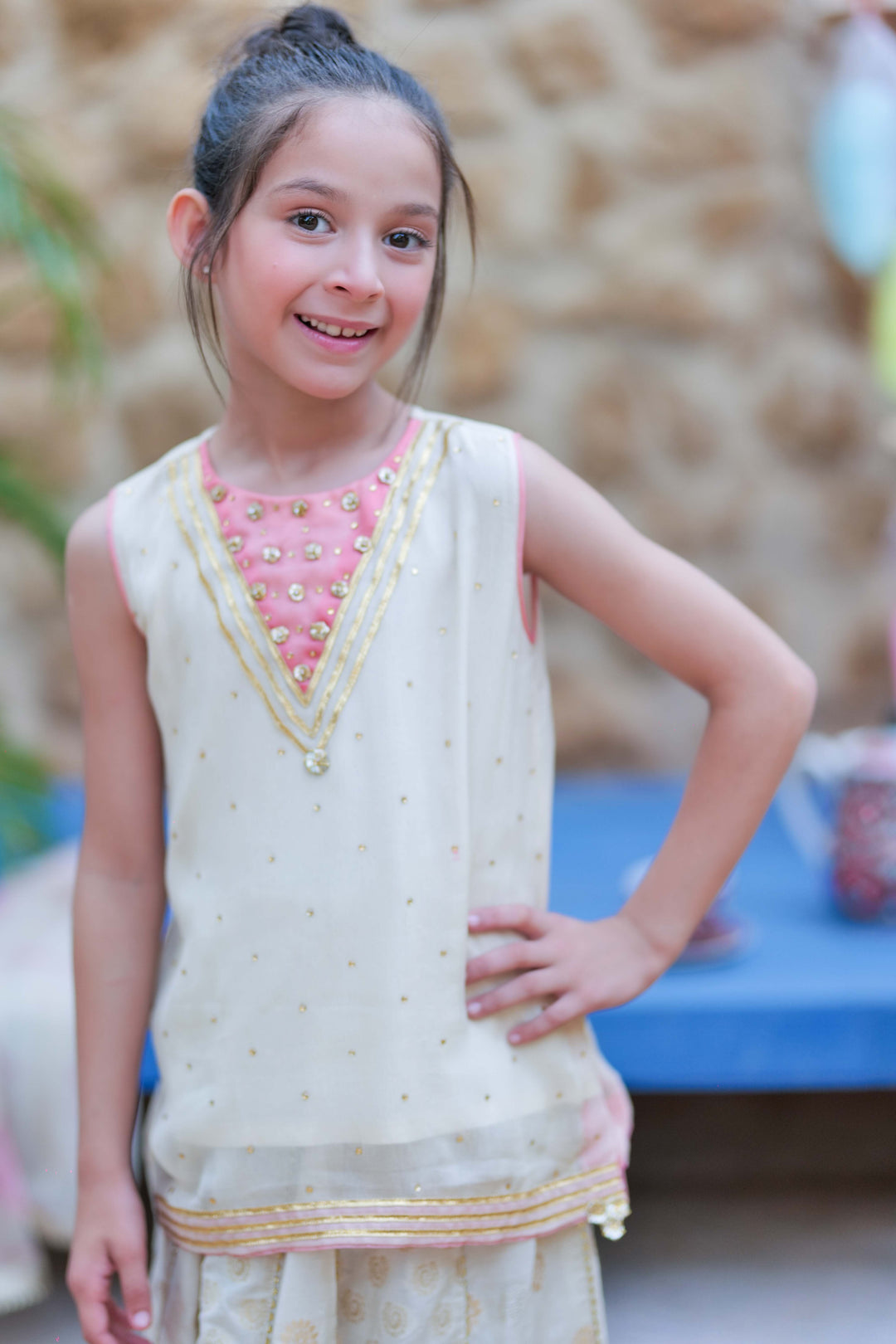 Senorita Kids RTW Fawn and Gold Formal 3 Piece Suit Crinkle Shafoon Fancy  KDD-02757 - Summer Collection