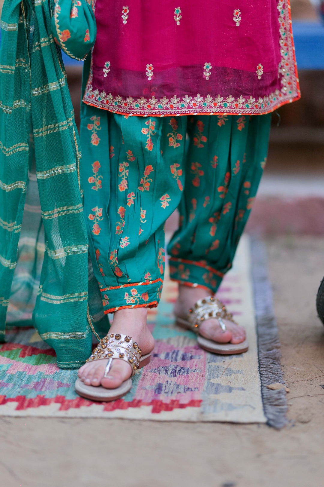 Senorita Kids RTW Shocking Pink and Turquois Green Formal 3 Piece Suit Crinkle Chiffon Fancy  KDD-02756 - Summer Collection