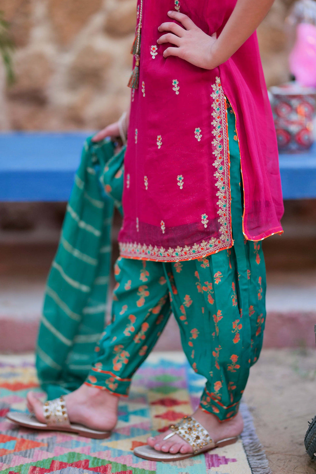 Senorita Kids RTW Shocking Pink and Turquois Green Formal 3 Piece Suit Crinkle Chiffon Fancy  KDD-02756 - Summer Collection