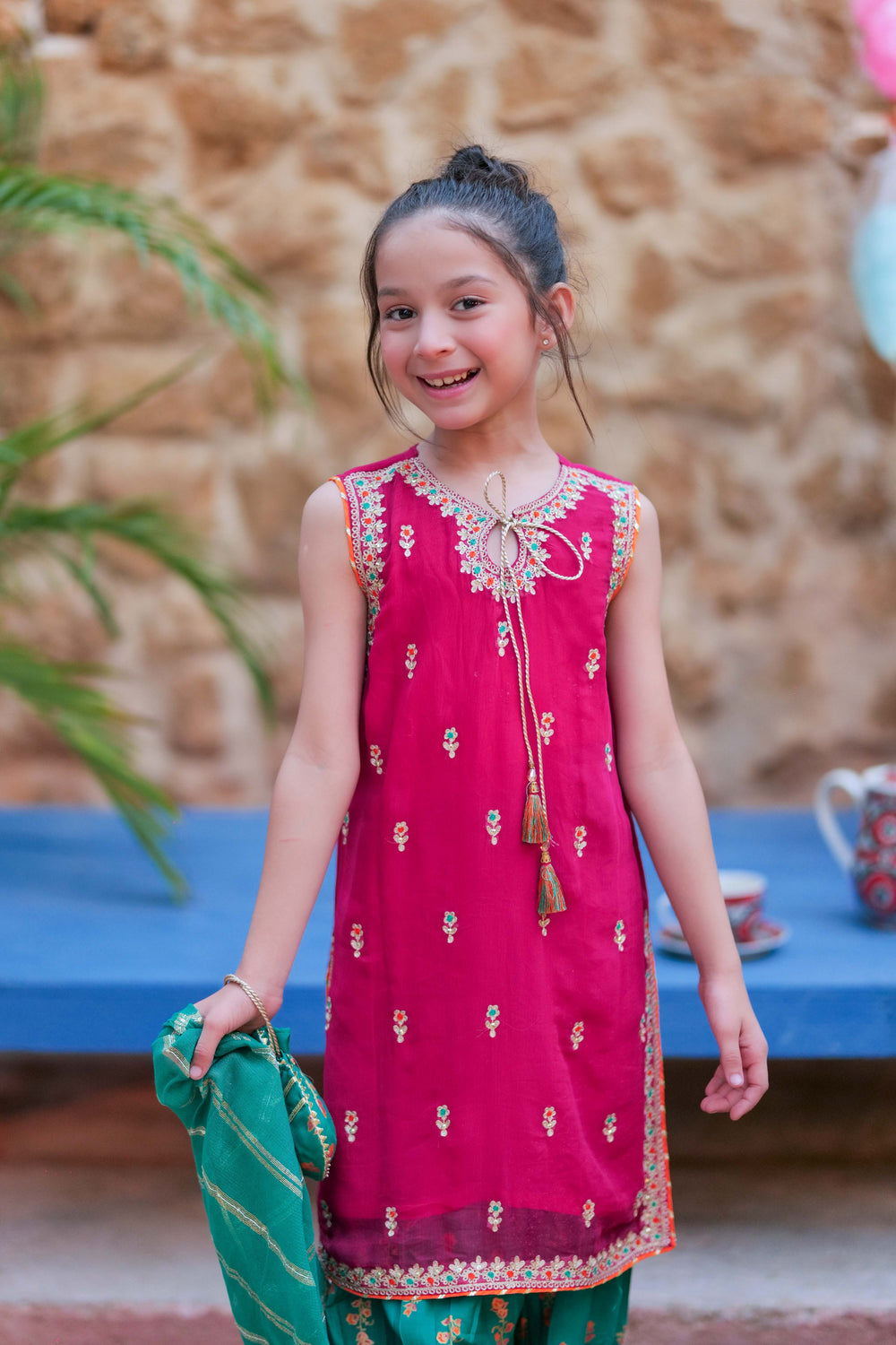 Senorita Kids RTW Shocking Pink and Turquois Green Formal 3 Piece Suit Crinkle Chiffon Fancy  KDD-02756 - Summer Collection