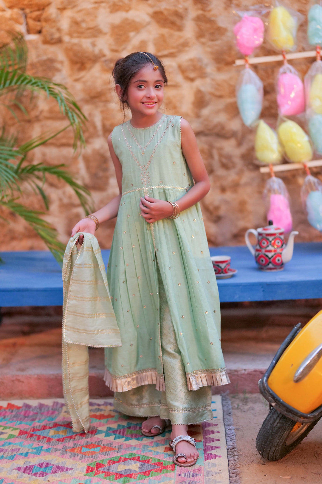 Senorita Kids RTW Green and Gold Formal 3 Piece Suit Chambray Fancy Yarn  KDD-02764 - Winter Collection