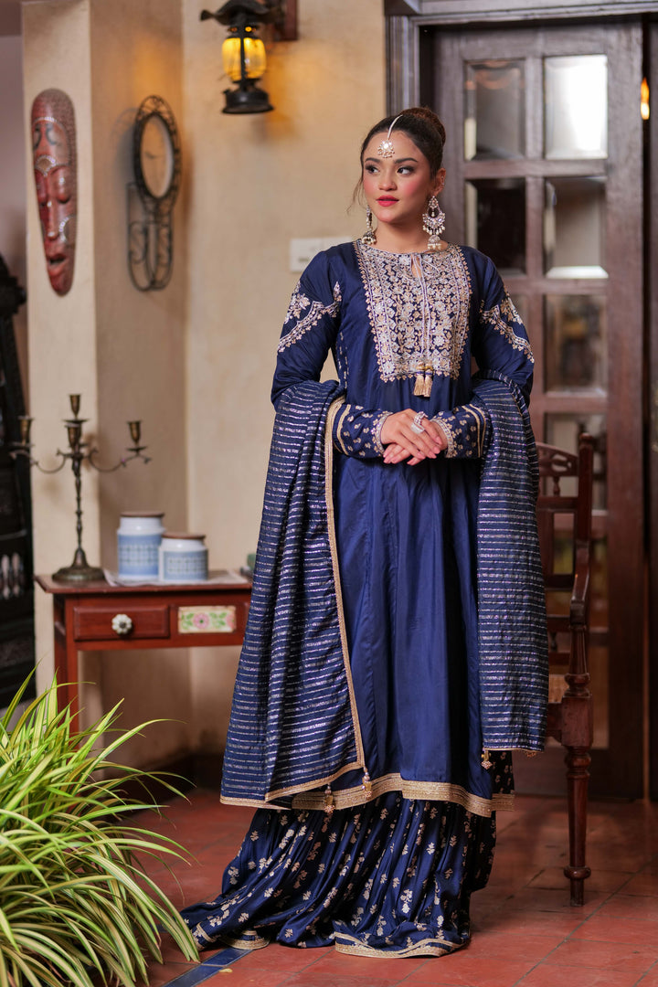 Senorita Women RTW Women Solids N.Blue and Multicolor Formal 3 Piece Suit Viscose Grip LDD-02599 - Winter Collection