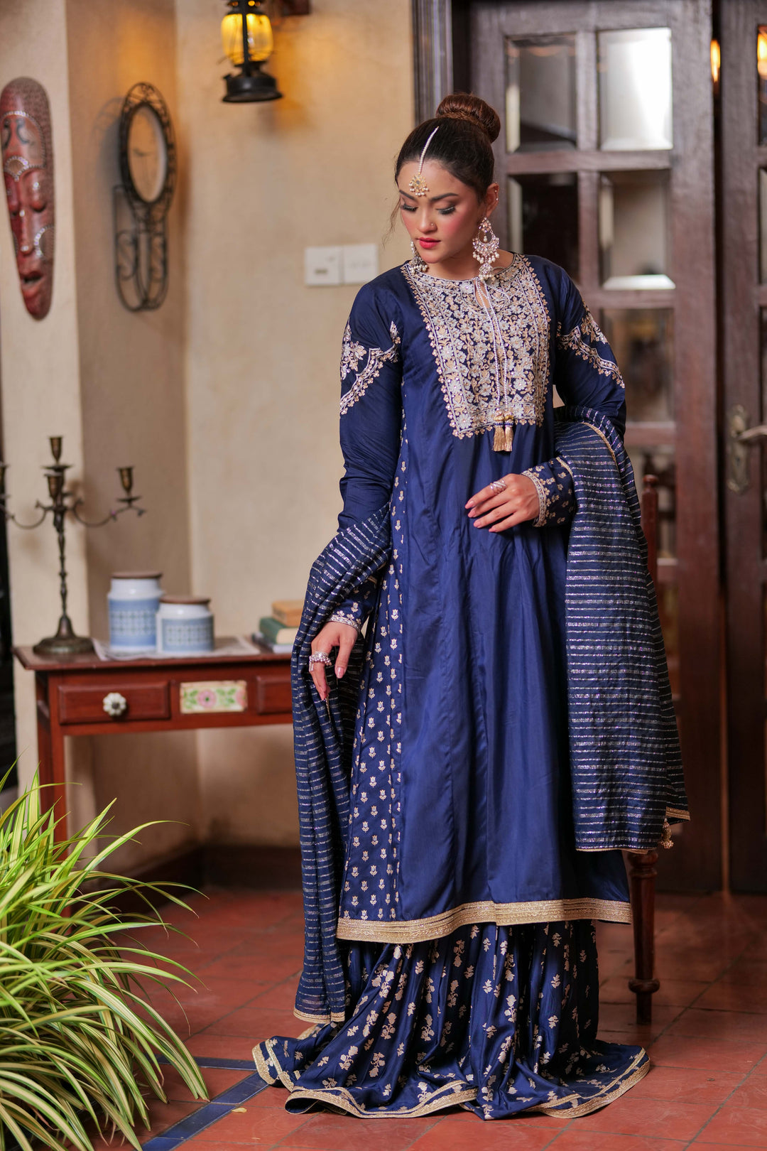 Senorita Women RTW Women Solids N.Blue and Multicolor Formal 3 Piece Suit Viscose Grip LDD-02599 - Winter Collection