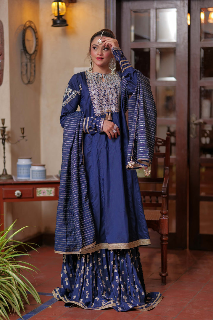 Senorita Women RTW Women Solids N.Blue and Multicolor Formal 3 Piece Suit Viscose Grip LDD-02599 - Winter Collection