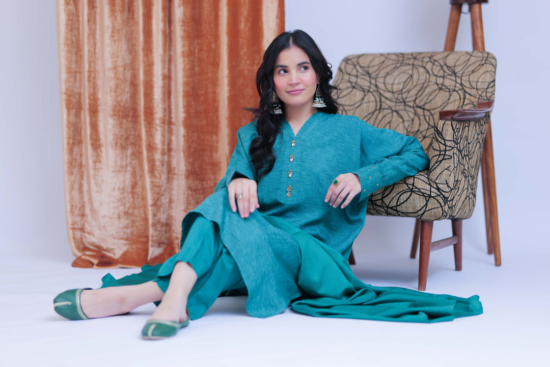 Senorita Women RTW Women Solids T. Green and Gold Casual 3 Piece Suit Viscose Self Dobby LBD-02825 - Winter Collection