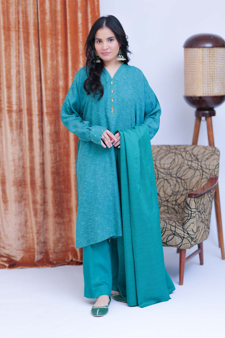 Senorita Women RTW Women Solids T. Green and Gold Casual 3 Piece Suit Viscose Self Dobby LBD-02825 - Winter Collection