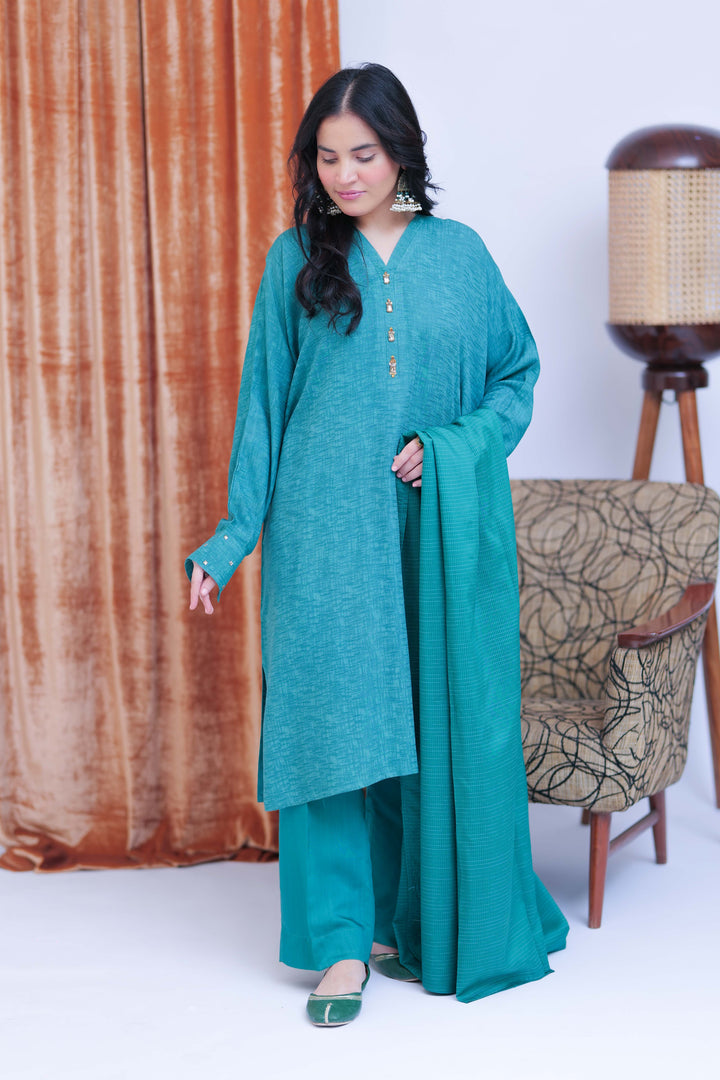 Senorita Women RTW Women Solids T. Green and Gold Casual 3 Piece Suit Viscose Self Dobby LBD-02825 - Winter Collection