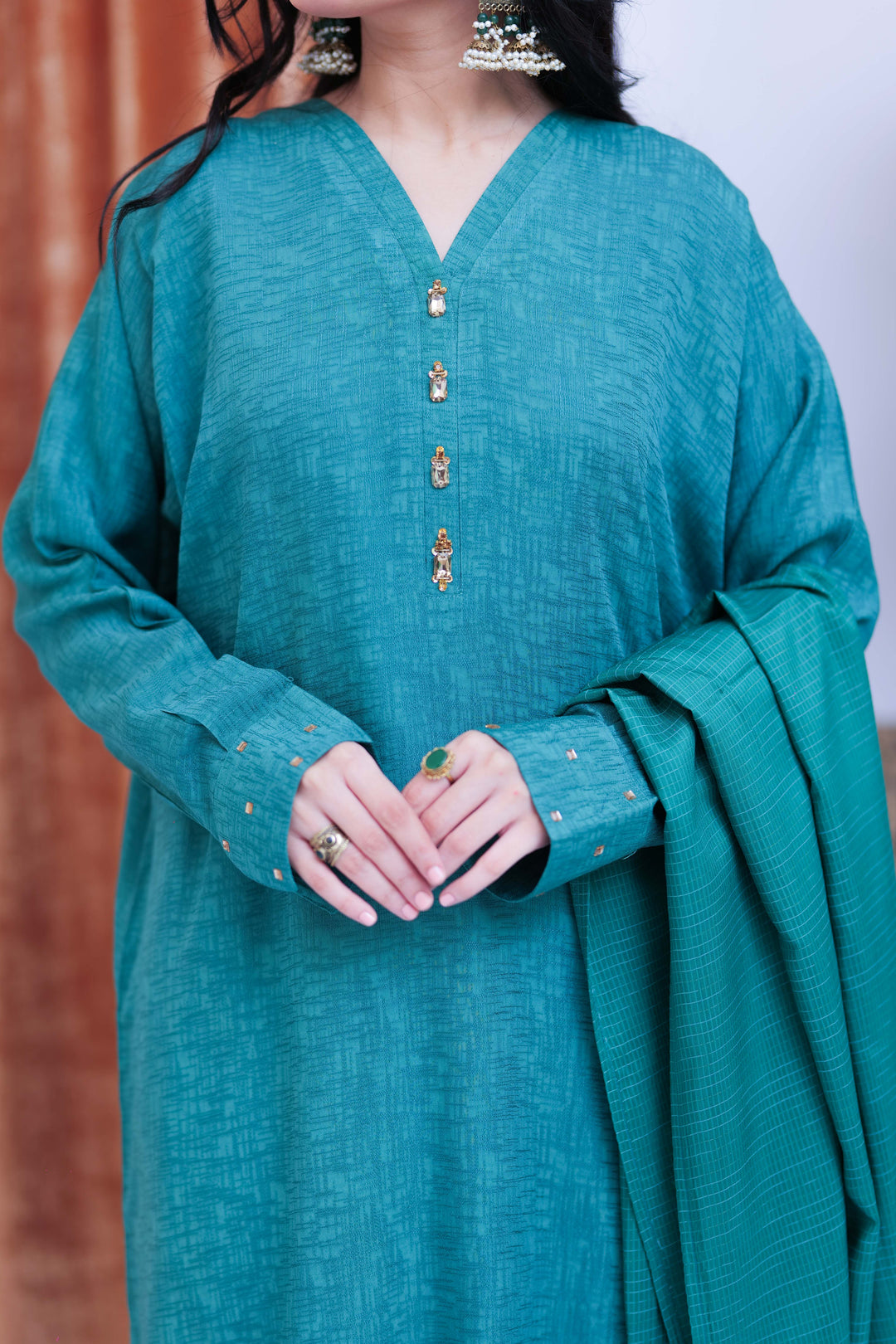 Senorita Women RTW Women Solids T. Green and Gold Casual 3 Piece Suit Viscose Self Dobby LBD-02825 - Winter Collection