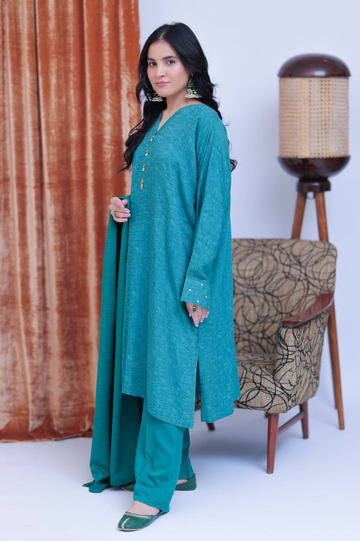 Senorita Women RTW Women Solids T. Green and Gold Casual 3 Piece Suit Viscose Self Dobby LBD-02825 - Winter Collection