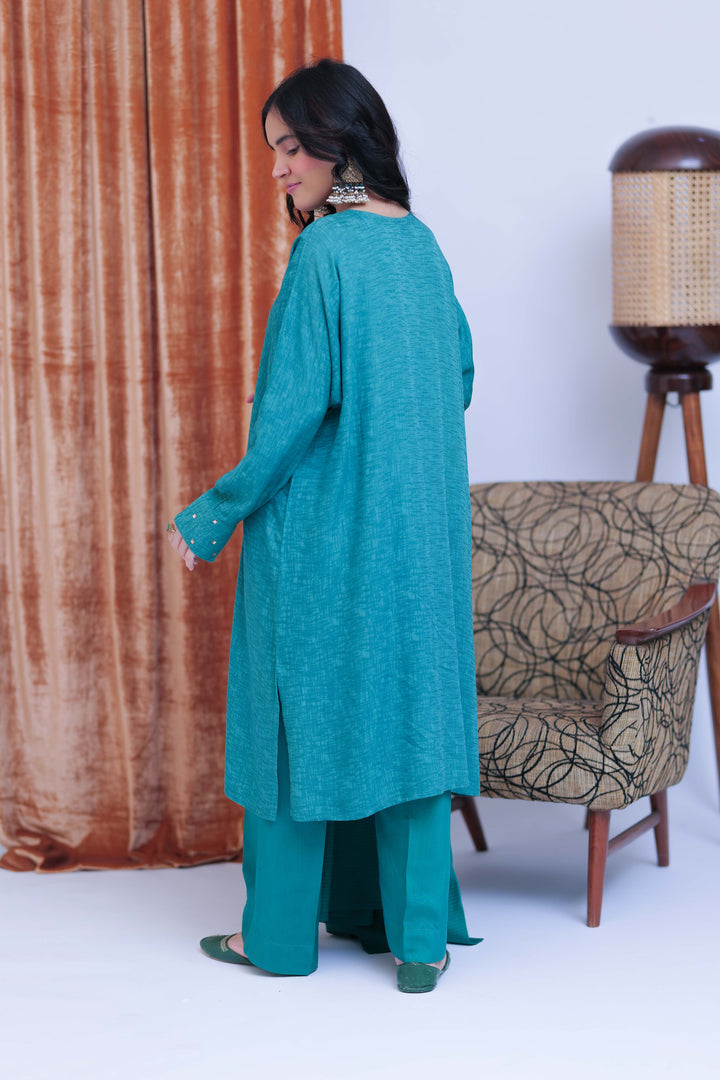 Senorita Women RTW Women Solids T. Green and Gold Casual 3 Piece Suit Viscose Self Dobby LBD-02825 - Winter Collection