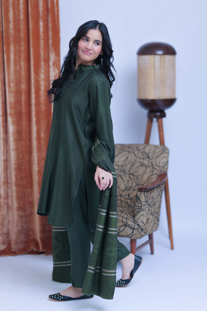 Senorita Women RTW Women Solids Green and Black Casual 3 Piece Suit Acrylic Fabric LAD-02768 - Winter Collection