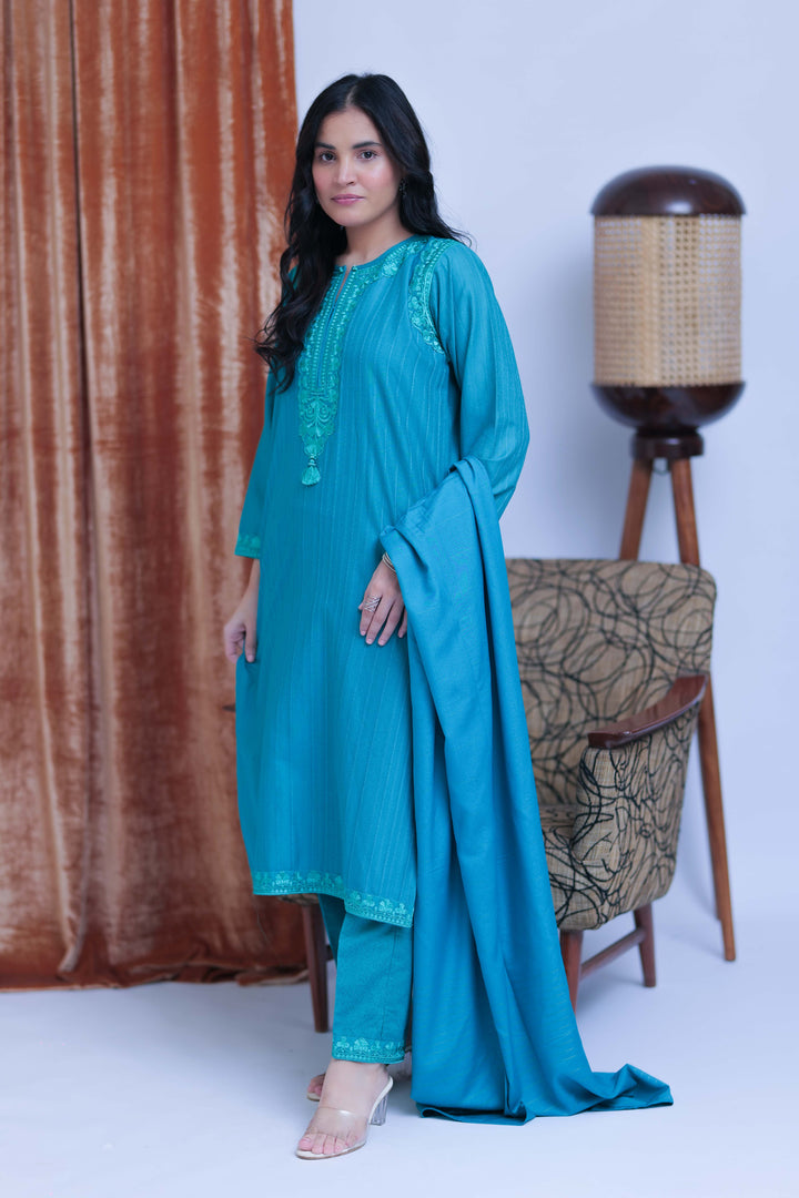 Senorita Women RTW Women Printed Turquoise Blue Casual 3 Piece Suit Cotton Karandi Dobby LAD-02513 - Winter Collection