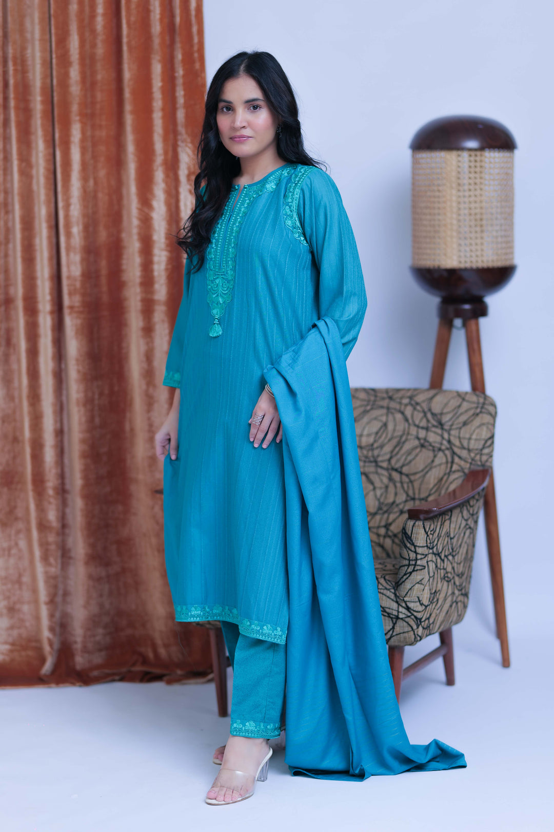 Senorita Women RTW Women Printed Turquoise Blue Casual 3 Piece Suit Cotton Karandi Dobby LAD-02513 - Winter Collection