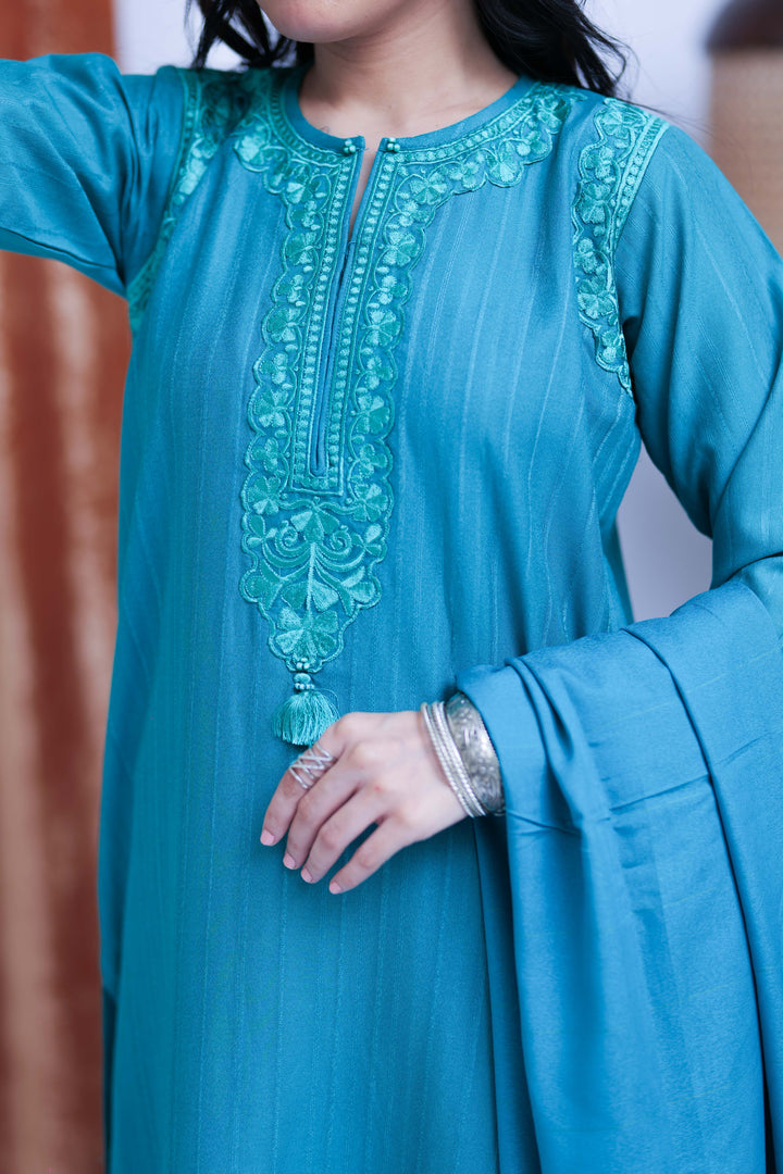 Senorita Women RTW Women Printed Turquoise Blue Casual 3 Piece Suit Cotton Karandi Dobby LAD-02513 - Winter Collection