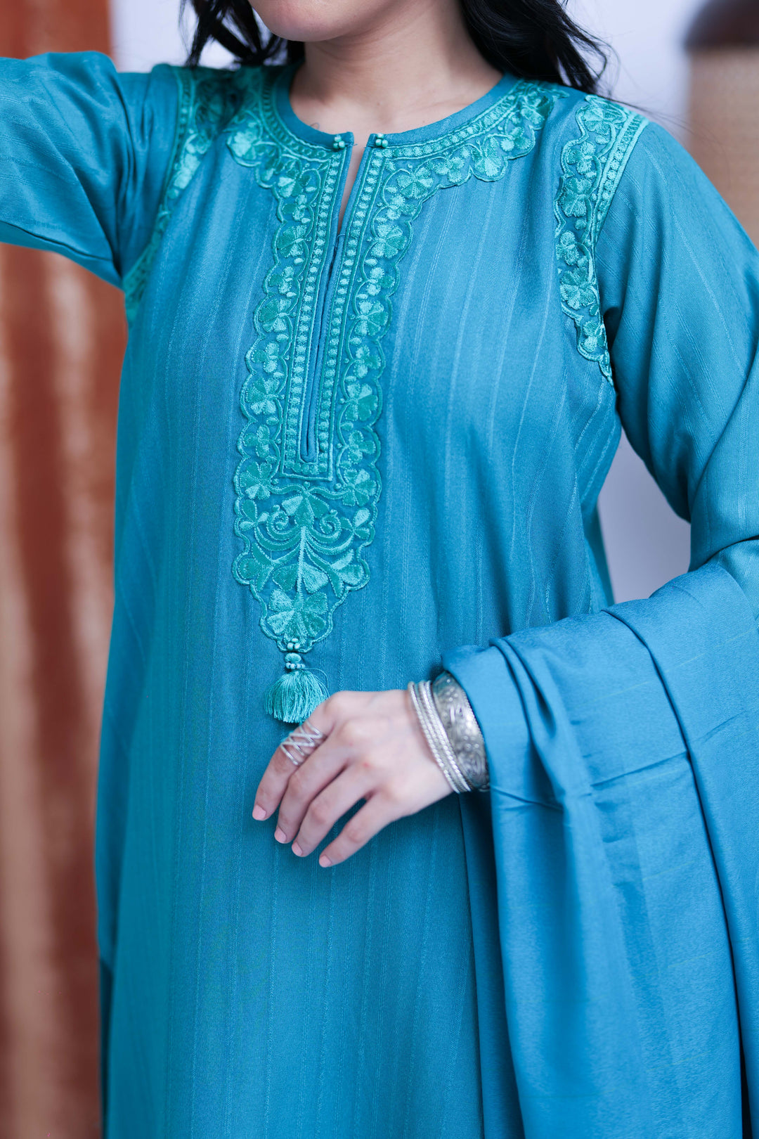 Senorita Women RTW Women Printed Turquoise Blue Casual 3 Piece Suit Cotton Karandi Dobby LAD-02513 - Winter Collection