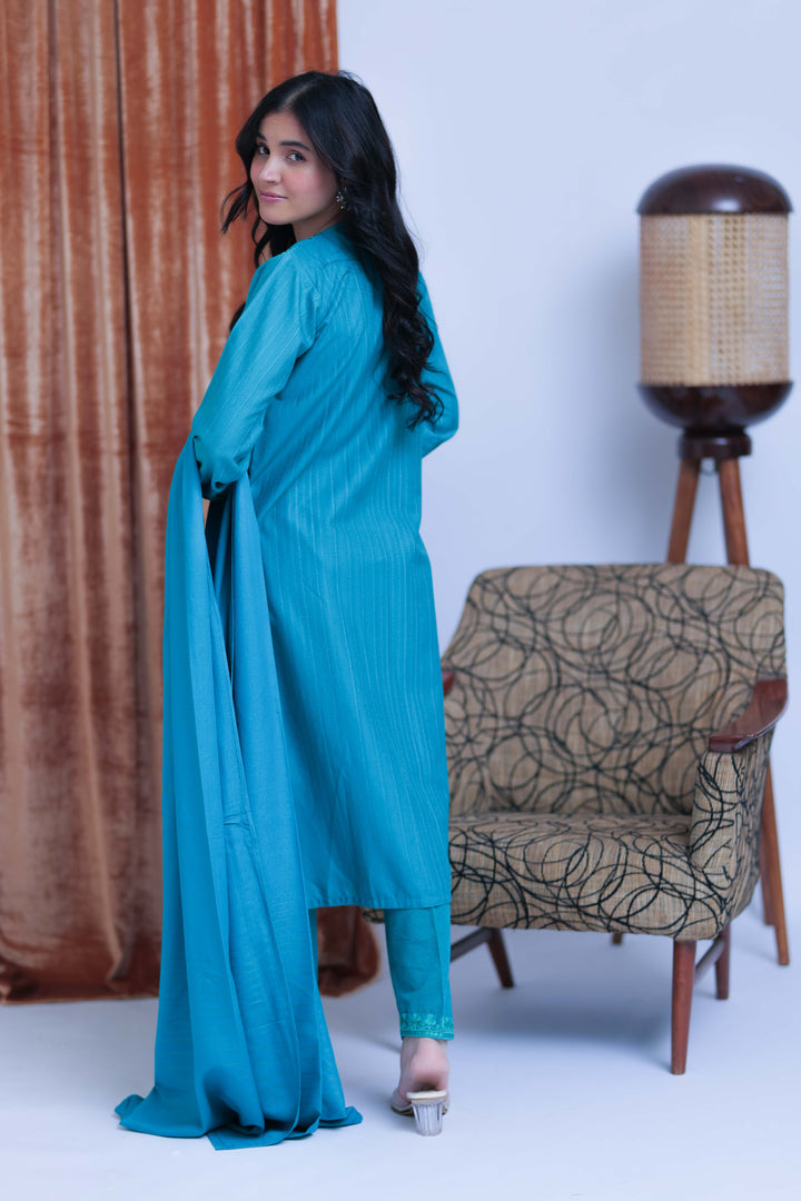 Senorita Women RTW Women Printed Turquoise Blue Casual 3 Piece Suit Cotton Karandi Dobby LAD-02513 - Winter Collection