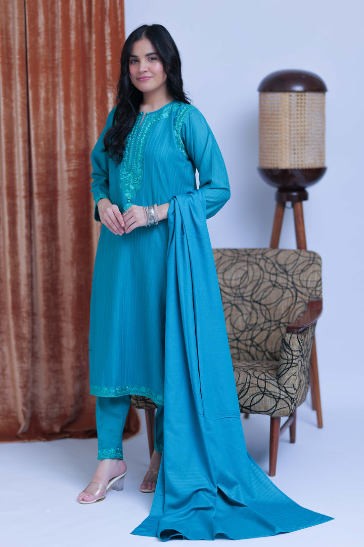 Senorita Women RTW Women Printed Turquoise Blue Casual 3 Piece Suit Cotton Karandi Dobby LAD-02513 - Winter Collection