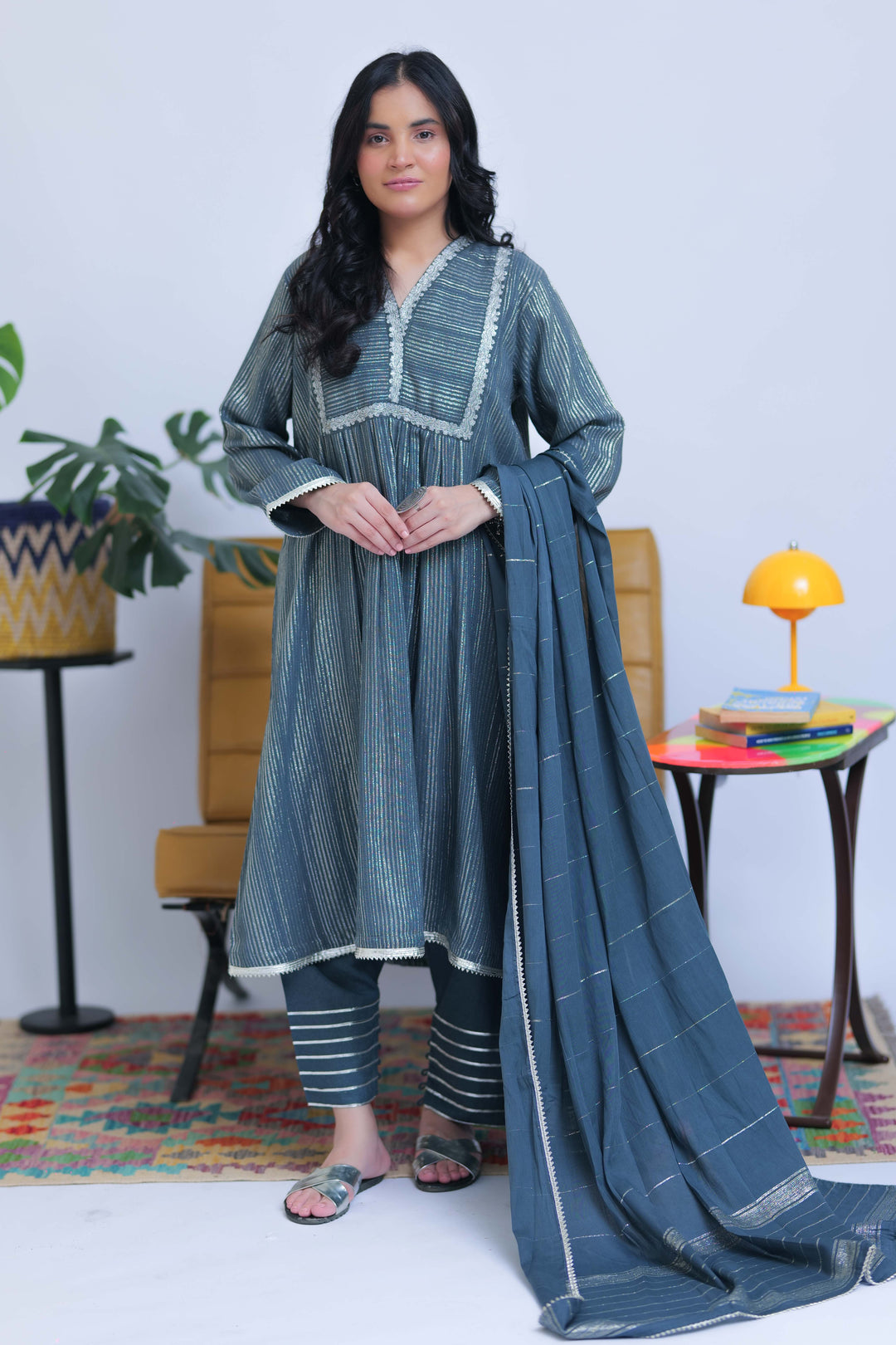 Senorita Women RTW Women Solids Grey and Silver Casual 3 Piece Suit Karandi Fabric Dobby Jacquard LAD-02833 - Winter Collection
