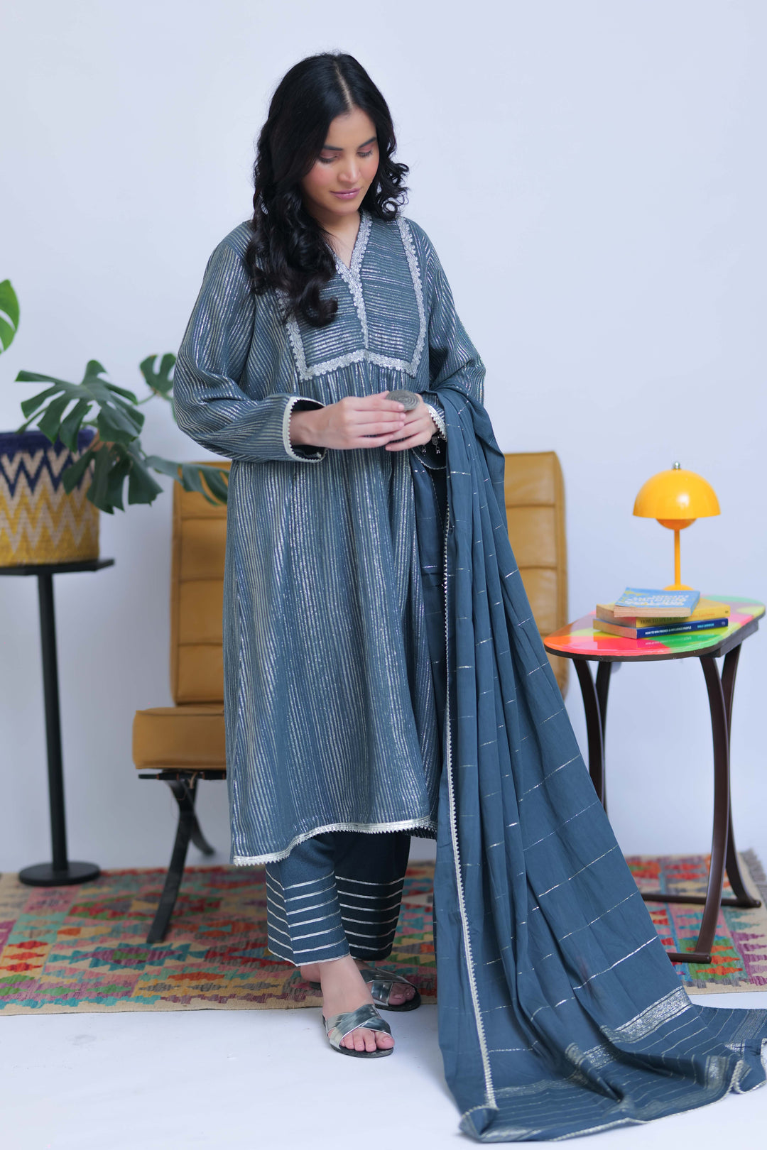 Senorita Women RTW Women Solids Grey and Silver Casual 3 Piece Suit Karandi Fabric Dobby Jacquard LAD-02833 - Winter Collection