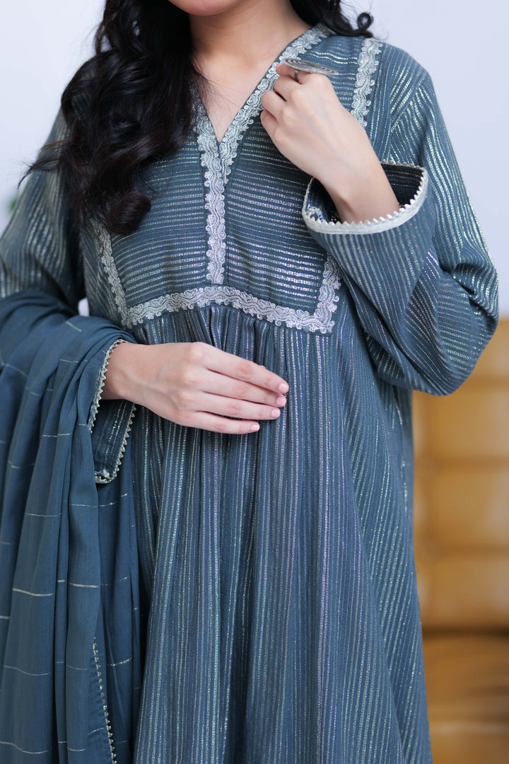 Senorita Women RTW Women Solids Grey and Silver Casual 3 Piece Suit Karandi Fabric Dobby Jacquard LAD-02833 - Winter Collection