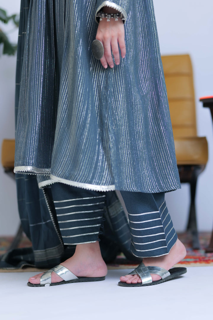 Senorita Women RTW Women Solids Grey and Silver Casual 3 Piece Suit Karandi Fabric Dobby Jacquard LAD-02833 - Winter Collection