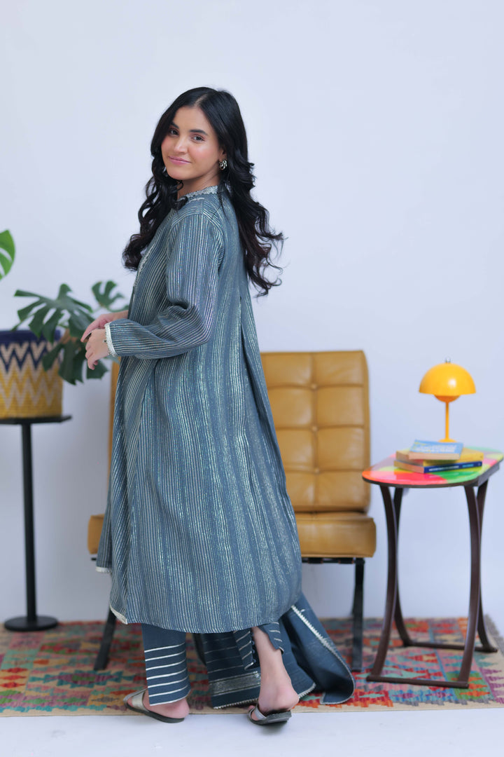 Senorita Women RTW Women Solids Grey and Silver Casual 3 Piece Suit Karandi Fabric Dobby Jacquard LAD-02833 - Winter Collection