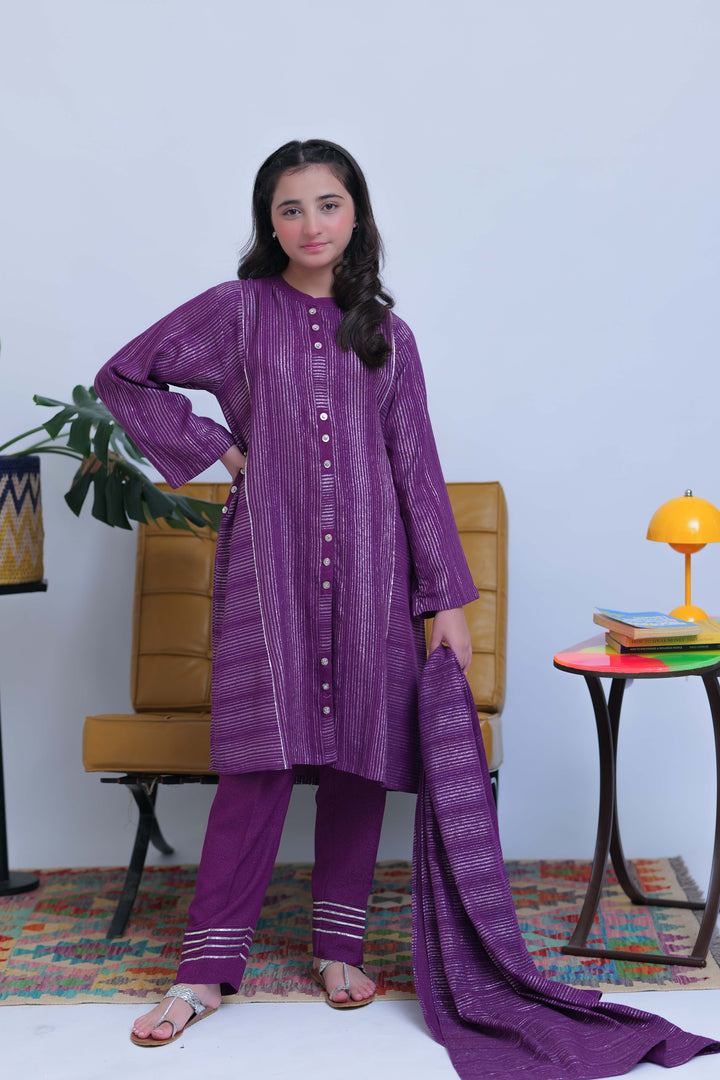 Senorita Girls RTW Girls Purple and Silver Casual 3 Piece Suit Karandi Fabric Dobby Jacquard Solids GAD-02830 - Winter Collection