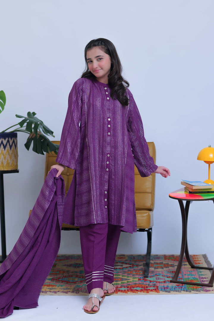 Senorita Girls RTW Girls Purple and Silver Casual 3 Piece Suit Karandi Fabric Dobby Jacquard Solids GAD-02830 - Winter Collection