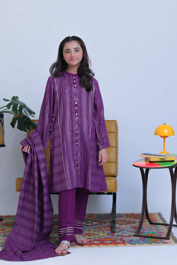Senorita Girls RTW Girls Purple and Silver Casual 3 Piece Suit Karandi Fabric Dobby Jacquard Solids GAD-02830 - Winter Collection