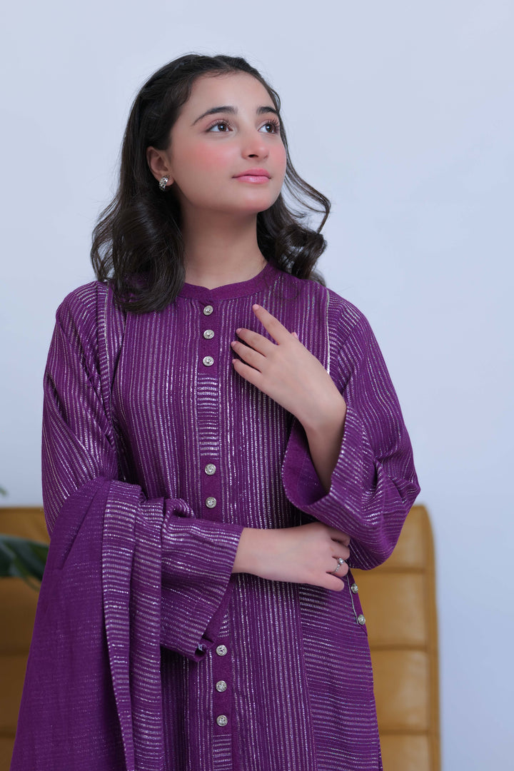 Senorita Girls RTW Girls Purple and Silver Casual 3 Piece Suit Karandi Fabric Dobby Jacquard Solids GAD-02830 - Winter Collection