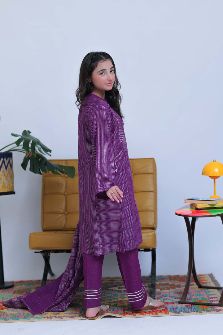 Senorita Girls RTW Girls Purple and Silver Casual 3 Piece Suit Karandi Fabric Dobby Jacquard Solids GAD-02830 - Winter Collection