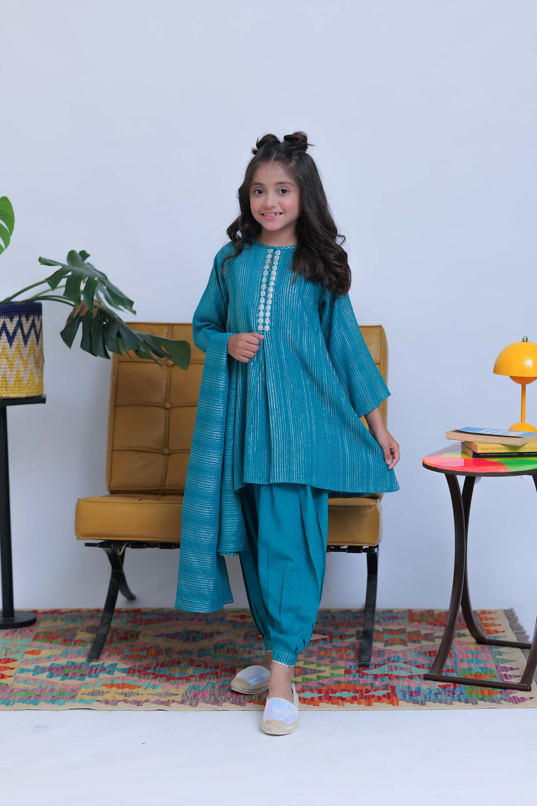 Senorita Kids RTW Turquoise Green and Silver Casual 3 Piece Suit Karandi Dobby Jacquard KAD-02829 - Summer Collection