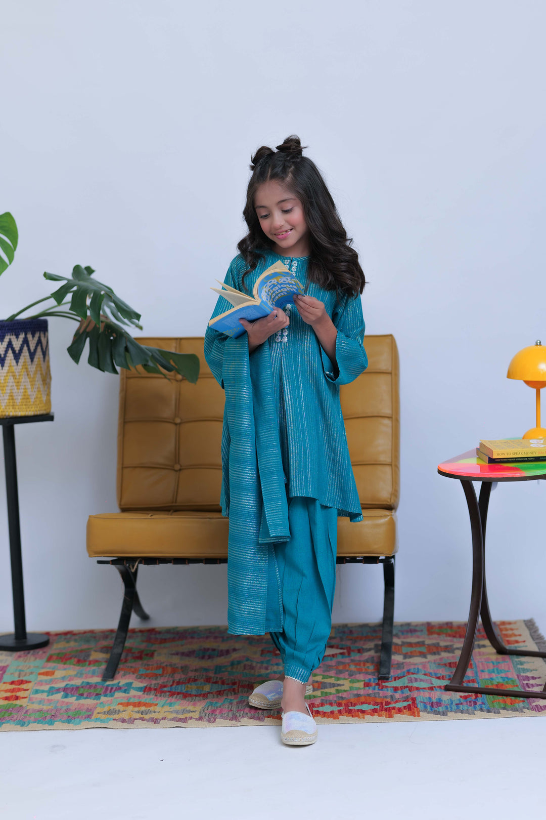Senorita Kids RTW Turquoise Green and Silver Casual 3 Piece Suit Karandi Dobby Jacquard KAD-02829 - Summer Collection