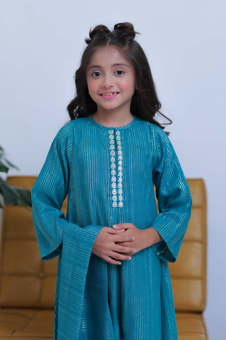 Senorita Kids RTW Turquoise Green and Silver Casual 3 Piece Suit Karandi Dobby Jacquard KAD-02829 - Summer Collection