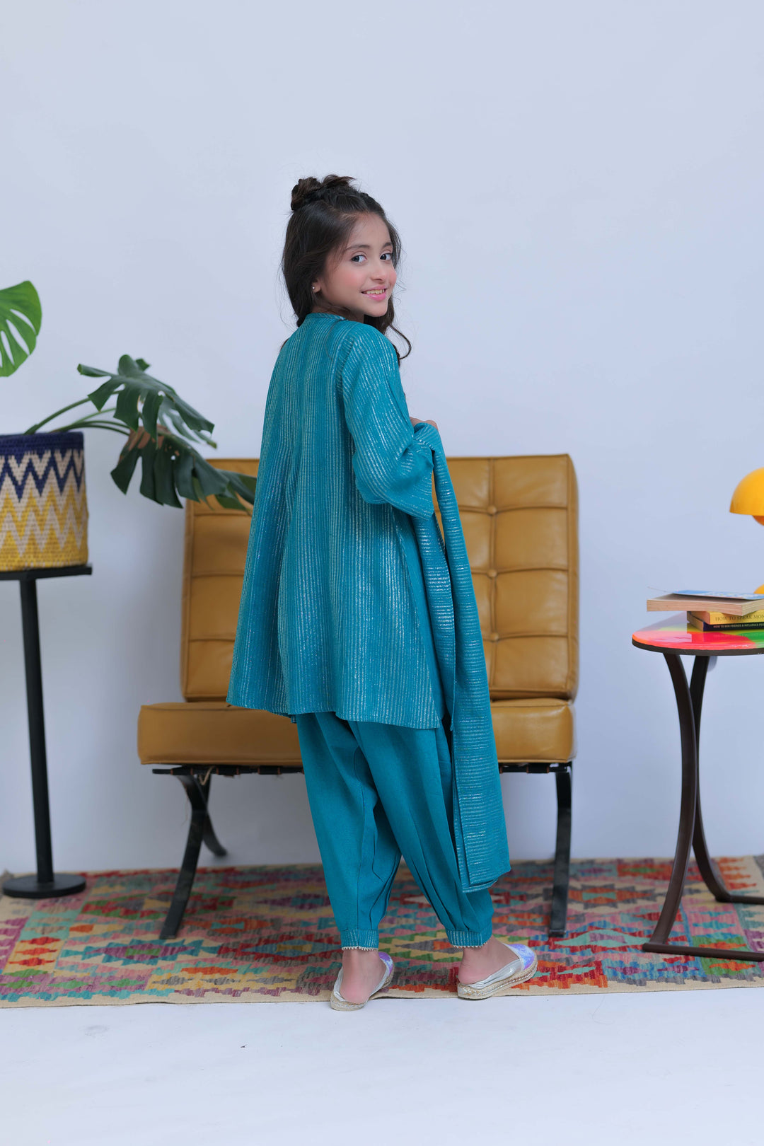 Senorita Kids RTW Turquoise Green and Silver Casual 3 Piece Suit Karandi Dobby Jacquard KAD-02829 - Summer Collection