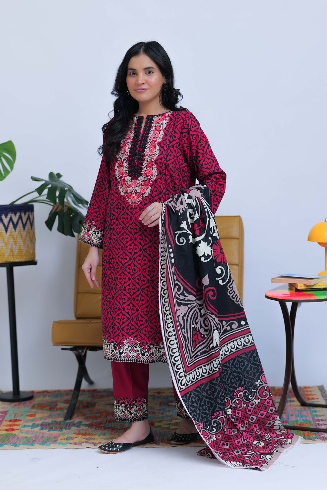 Senorita Women RTW Women Shocking Pink and Black Casual 3 Piece Suit Cotton Khaddar Printed LAD-02548 - Winter Collection