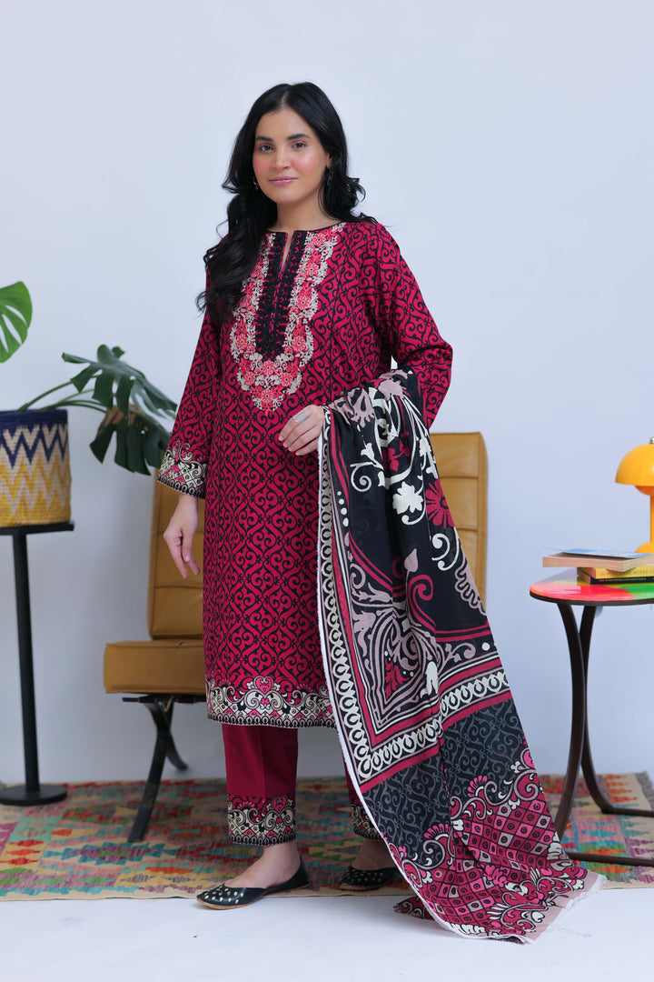 Senorita Women RTW Women Shocking Pink and Black Casual 3 Piece Suit Cotton Khaddar Printed LAD-02548 - Winter Collection