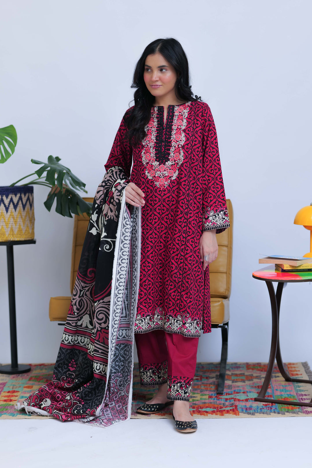 Senorita Women RTW Women Shocking Pink and Black Casual 3 Piece Suit Cotton Khaddar Printed LAD-02548 - Winter Collection