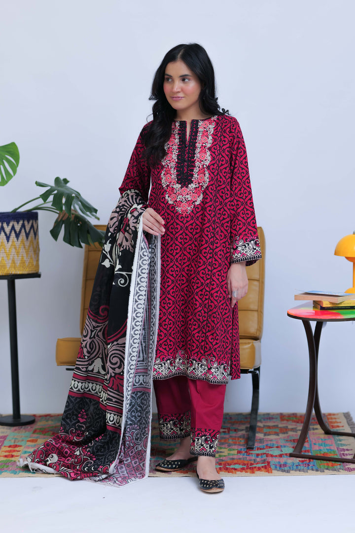 Senorita Women RTW Women Shocking Pink and Black Casual 3 Piece Suit Cotton Khaddar Printed LAD-02548 - Winter Collection