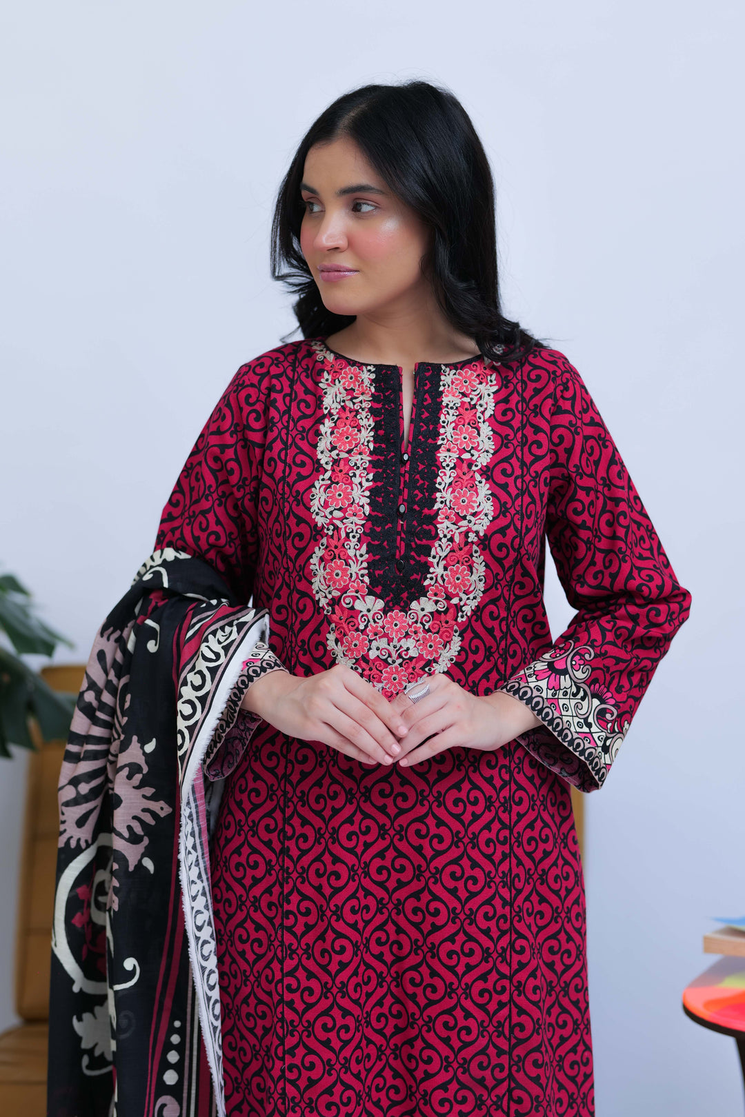 Senorita Women RTW Women Shocking Pink and Black Casual 3 Piece Suit Cotton Khaddar Printed LAD-02548 - Winter Collection