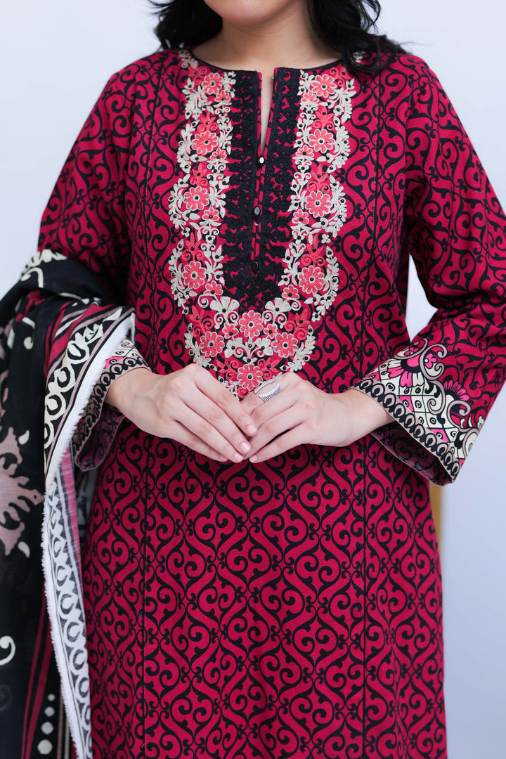 Senorita Women RTW Women Shocking Pink and Black Casual 3 Piece Suit Cotton Khaddar Printed LAD-02548 - Winter Collection